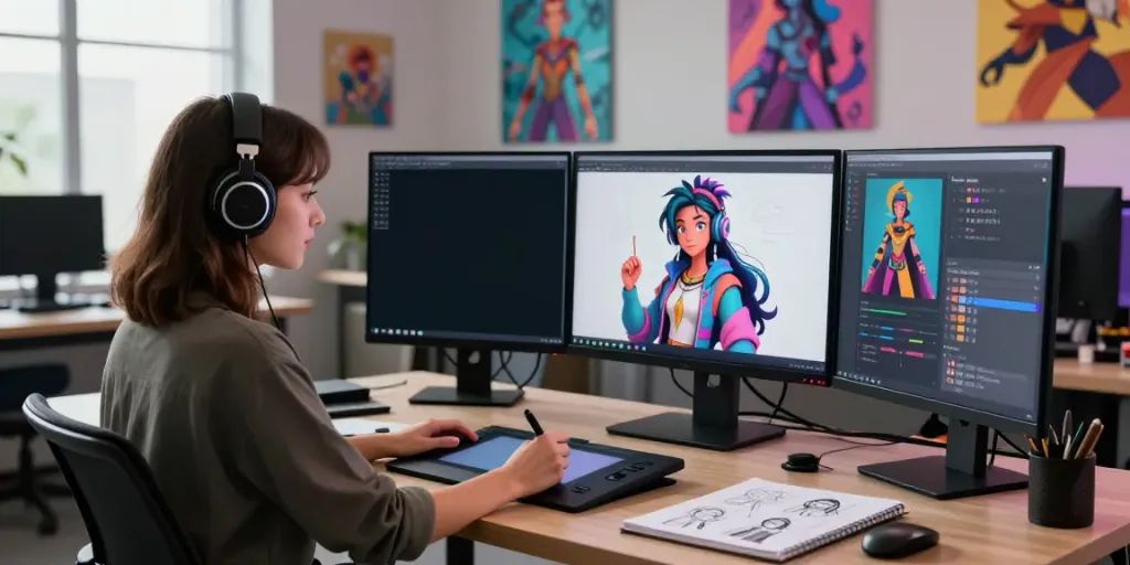 Create a customized character in Crush On AI with a vibrant digital art studio atmosphere