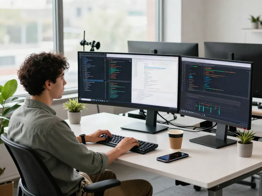 Atmosphère de travail moderne avec un développeur utilisant Atlas pro dans un bureau lumineux.