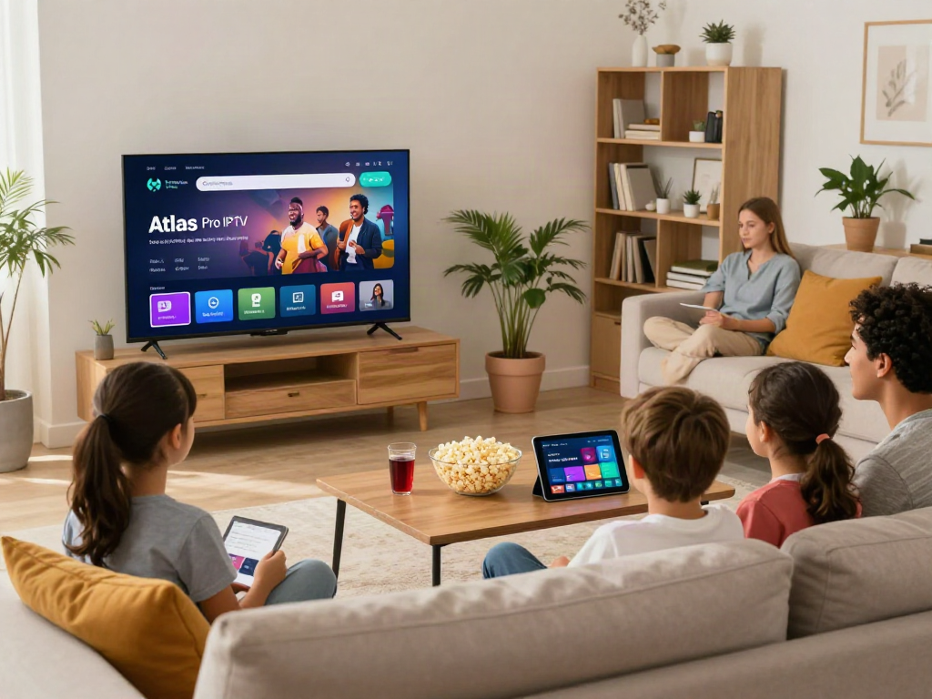 Famille profitant de l'application atlas pro iptv dans un salon accueillant