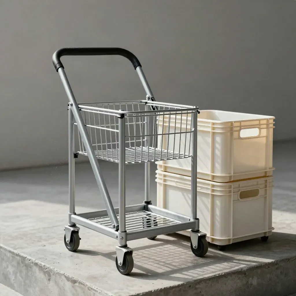 Chariot de magasin pliant ouvert avec deux caisses blanches sur fond studio clair.