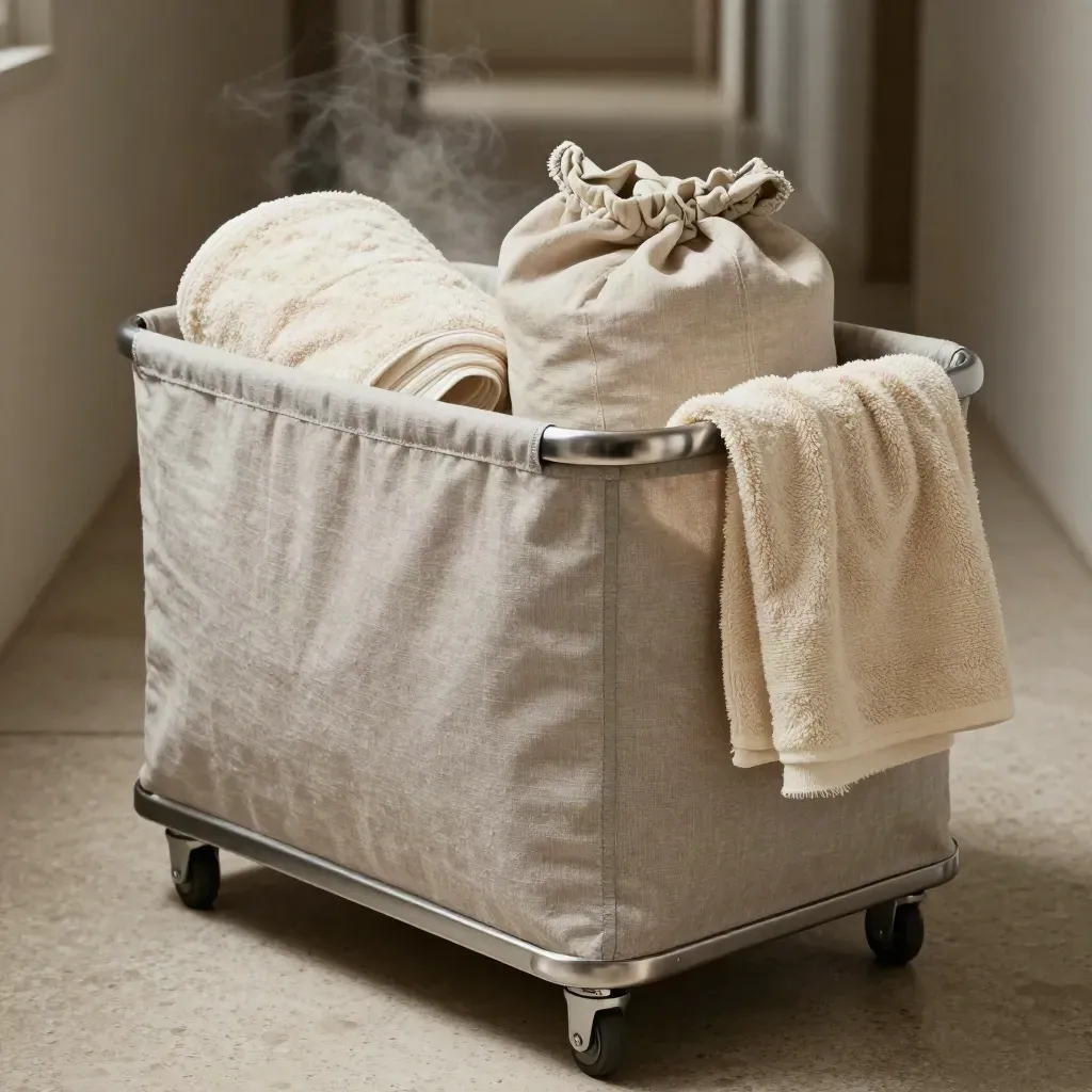Gros plan d’un chariot à linge avec serviettes et sacs en lin dans un couloir de service.