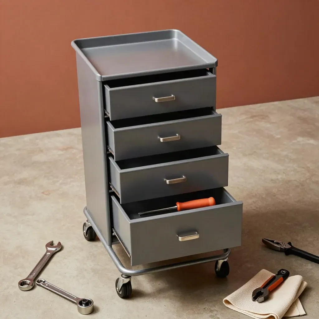 Chariot d’atelier à quatre tiroirs avec outils en acier sur dalle minérale.