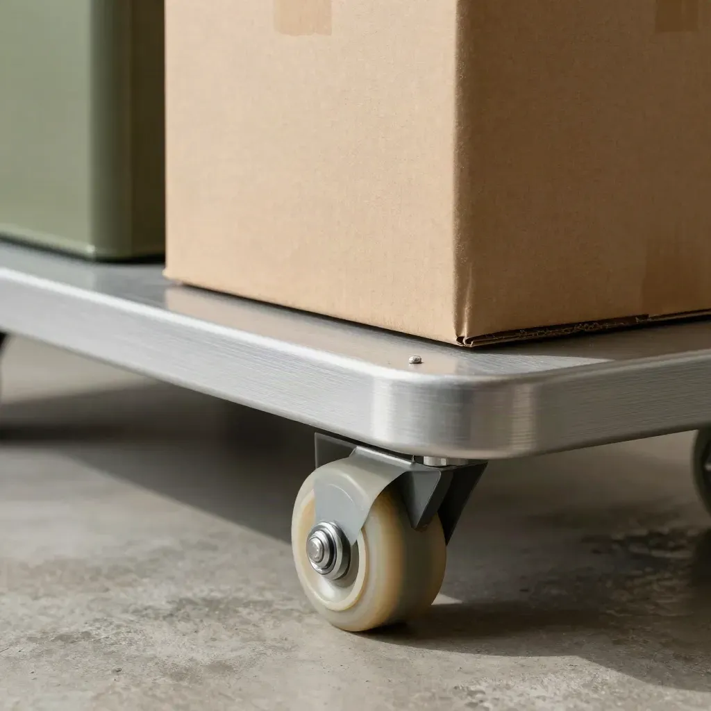 Gros plan bas d’une plateforme de manutention avec carton scellé et roue TPE sur béton poli.