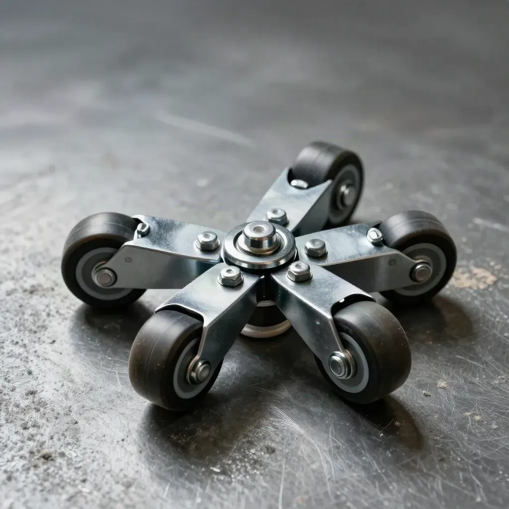 Macro de quatre roulettes industrielles en métal gris, vues de dessus sur fond acier.