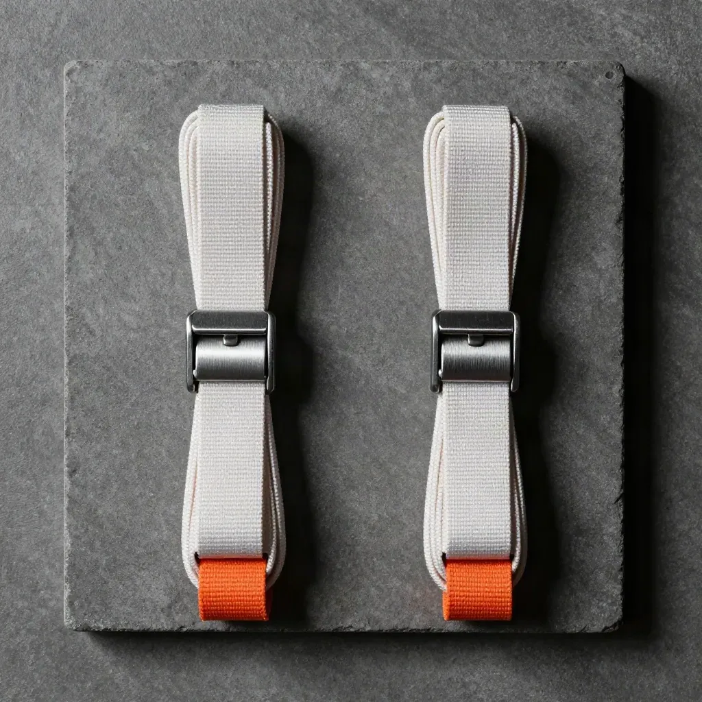 Deux sangles d’arrimage orange en boucles sur béton gris, vue zénithale.