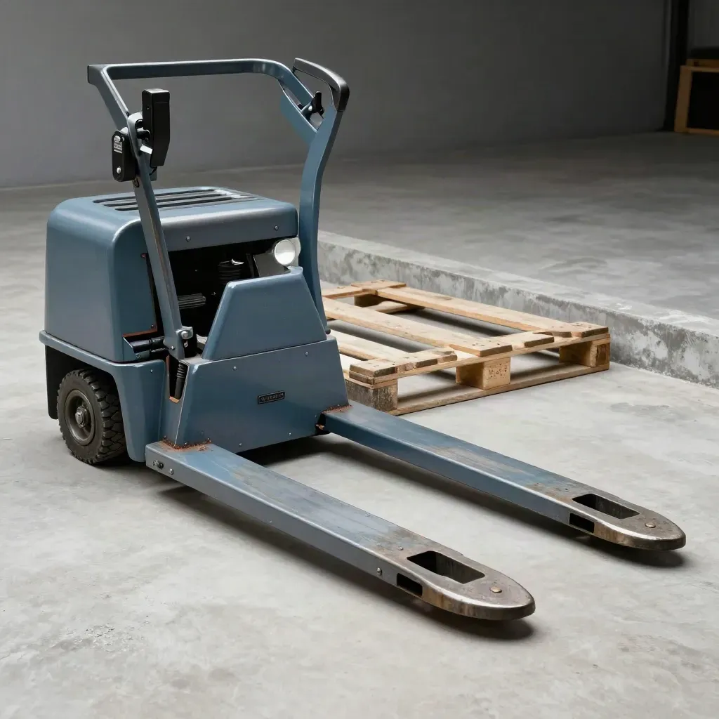 Transpalette compact bleu acier sur béton, vu de près en trois quarts, avec brume légère.