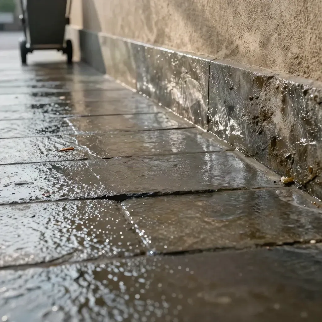 Surface de pierre mouillée avec diable lointain, mur texturé et lumière rasante.